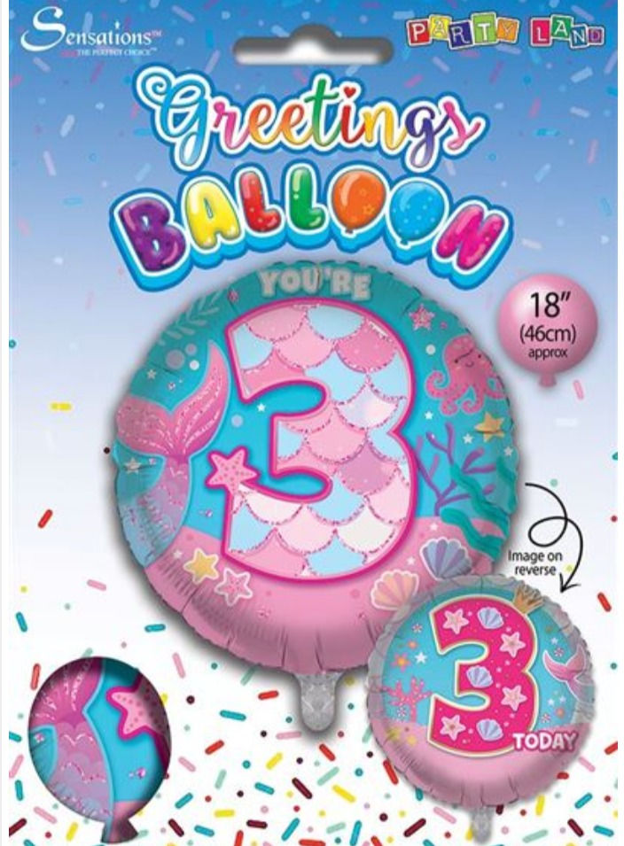 Thumbnail: Packaging for a Sensations mermaid-themed 3rd birthday balloon, with 'Greetings Balloon' in colourful bubble letters at