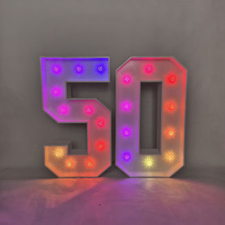 Light-up number 50 with multicoloured lights – hire in Guildford for parties