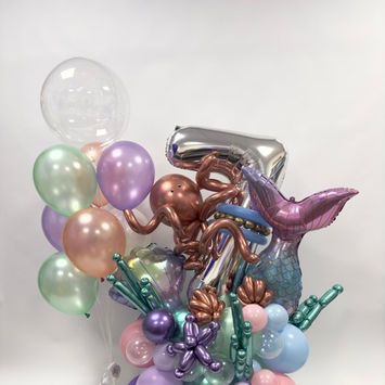 Floor standing number balloon display with mermaid tail, seaweeds and octopus 