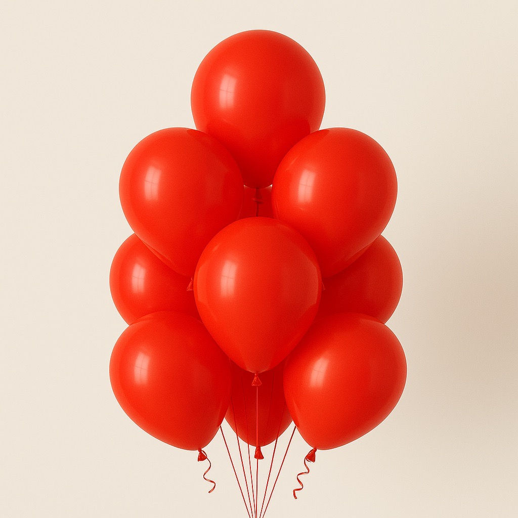red balloons in a bouquet of 10 balloons, helium filled and ready for delivery