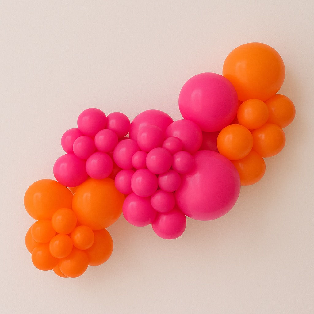 hot pink and orange balloon garland ready for delivery in Guildford