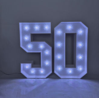 Light-up number 50 with cold white lights – hire in Guildford for parties