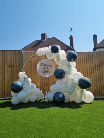 Wedding Balloon Decor in white colour and navy accent, created by Confetti Party