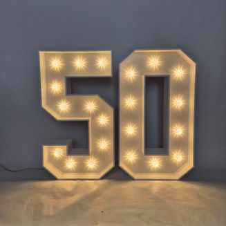 Light-up number 50 with warm white lights – hire in Guildford for parties