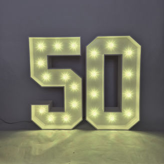 Gold bulb number 50 light-up sign – Guildford event hire