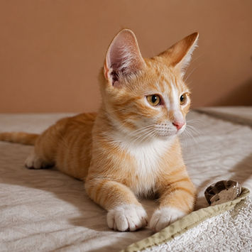 MÉLO, chat type européen tigré roux et blanc à adopter, couché comme un sphinx sur un lit, regardant vers sa gauche