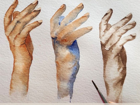 Three watercolor paintings of a hand in different palettes: warm, cool, and neutral tones. A brush is visible, with text at the bottom.