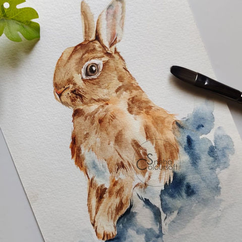 A rabbit in watercolour by SnehaColoursoft. Sneha Bhosale for SnehaColoursoft is an watercolor artist who paints pet portraits, does custom watercolour work and creates surface patterns. She is based in India. Contact her for any commissioned work, licensing her art or collaboration