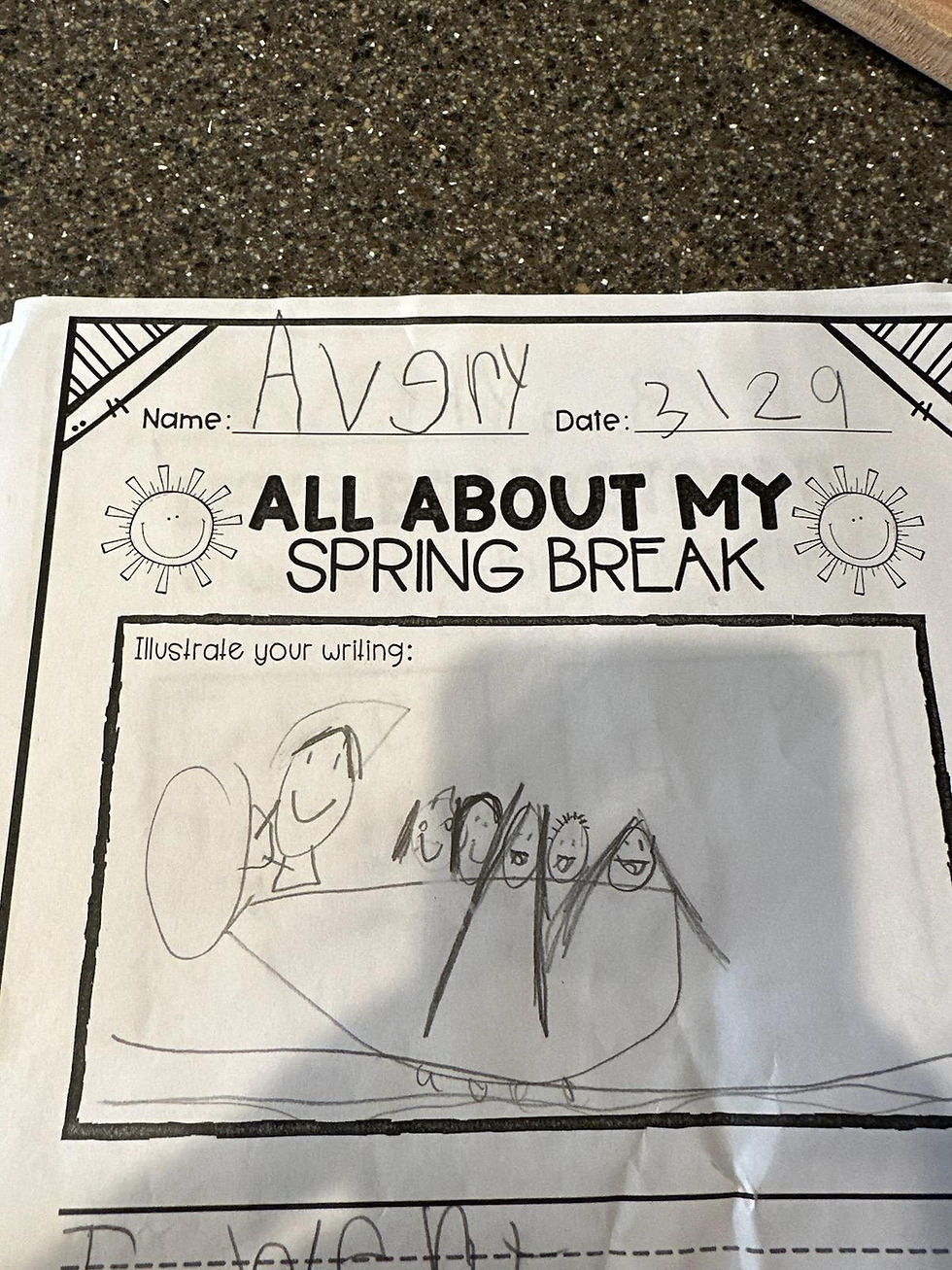 Child's drawing of a smiling family in a boat on an assignment titled "All About My Spring Break" with sun doodles