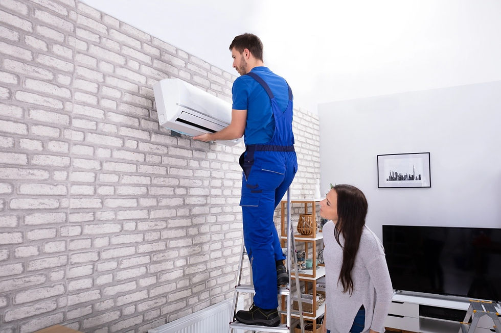 Young Woman Looking At Male Technician Fixing Air Conditioner On Brick Wall