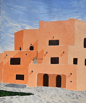 semi abstract, textured painting depicting light & shadow falling on a pastel orange building of Mina District