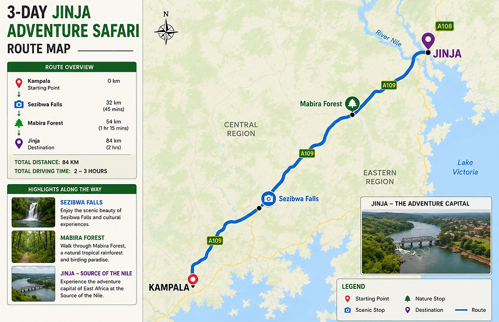 3-Day Jinja Adventure Safari route map from Kampala to Jinja