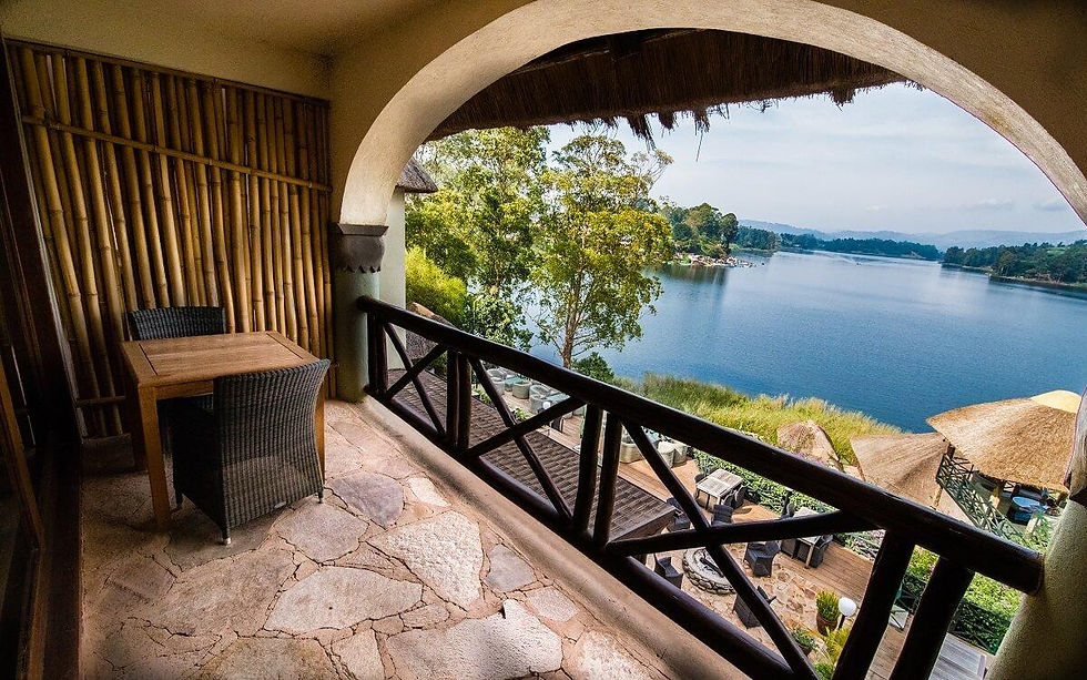 Scenic lake view from a luxury Uganda Safari lodge balcony.