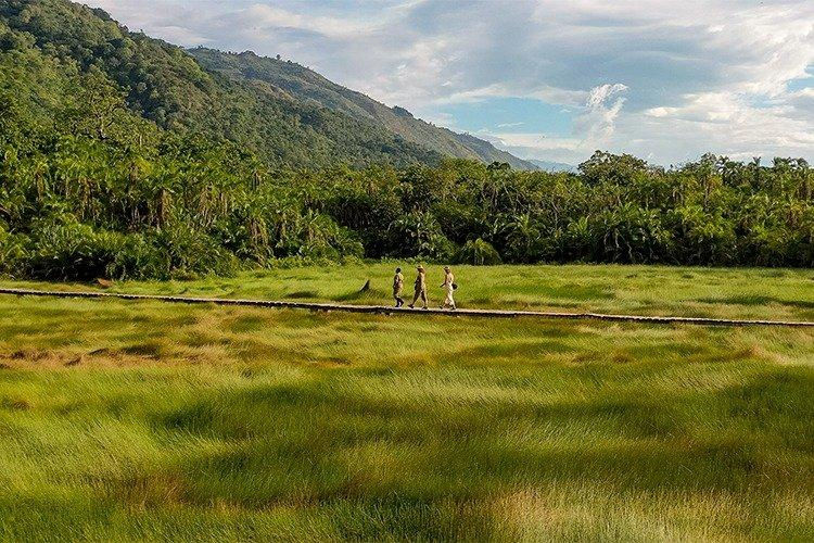 Hikers on a boardwalk in Semuliki National Park