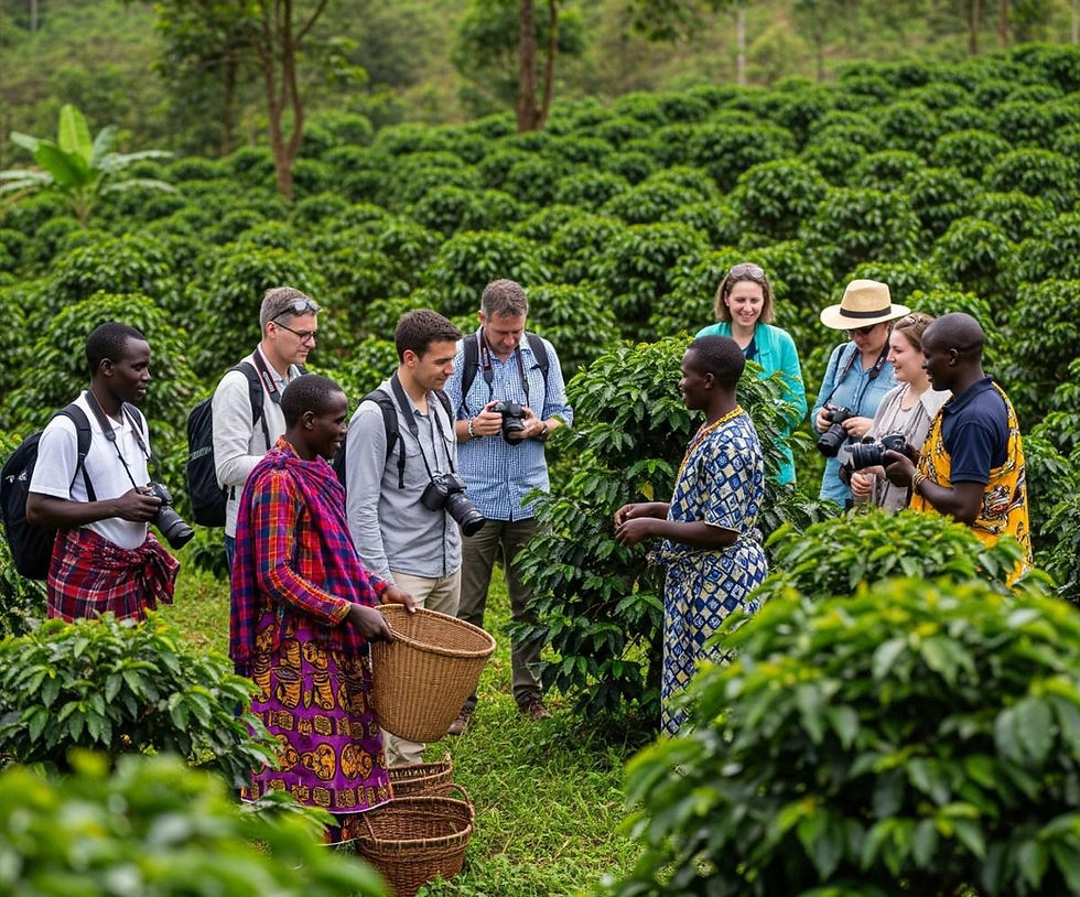 Tourists visiting a lush coffee plantation in Sipi Falls.