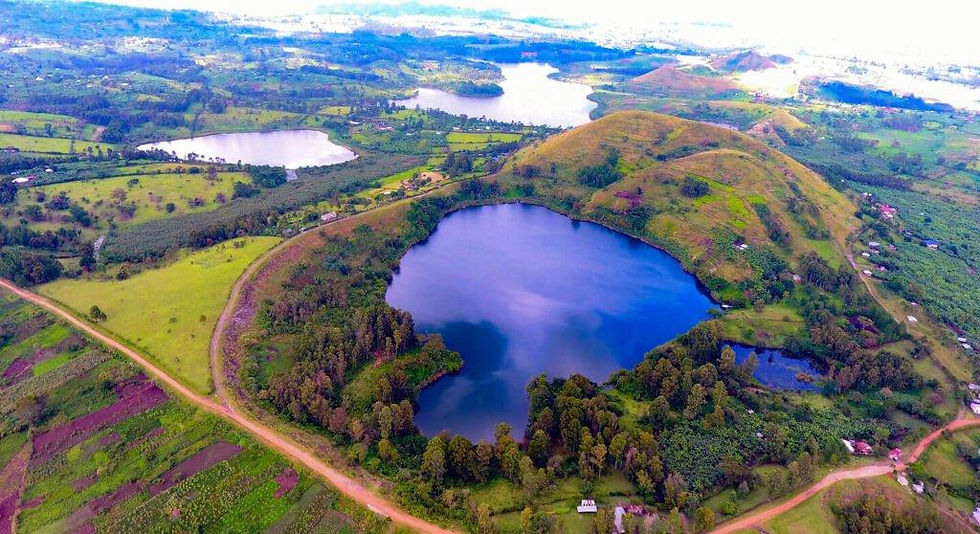 Aerial view of Fort Portal Crater Lakes during a Uganda tour.