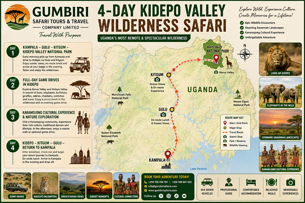 4-Day Kidepo Valley Wilderness Safari itinerary map and highlights.