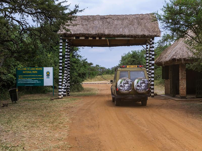 Safari vehicle entering Lake Mburo National Park gate
