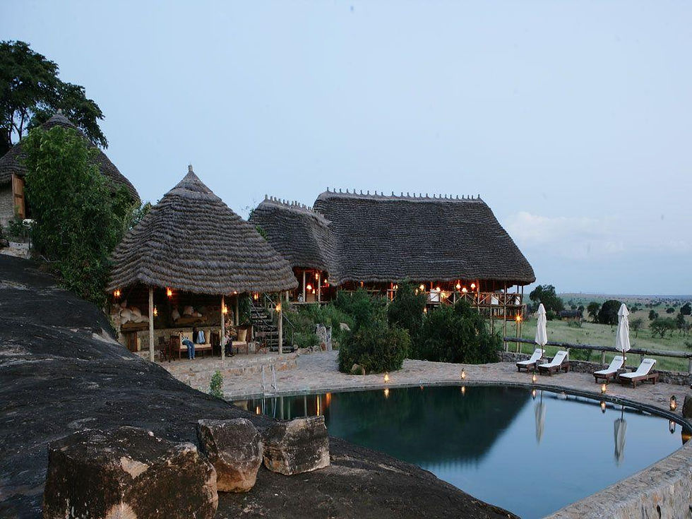 Thatched safari lodge with pool on a Uganda tour