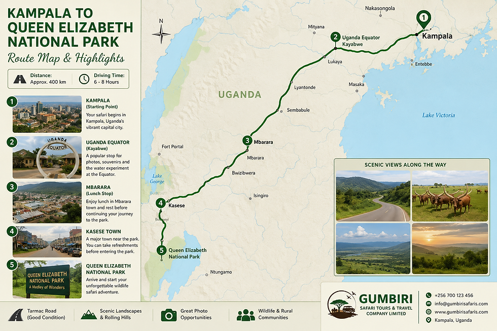 Map of Kampala to Queen Elizabeth safari route and stops