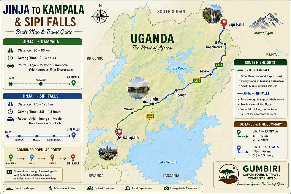 Map of Jinja to Kampala and Sipi Falls route in Uganda.