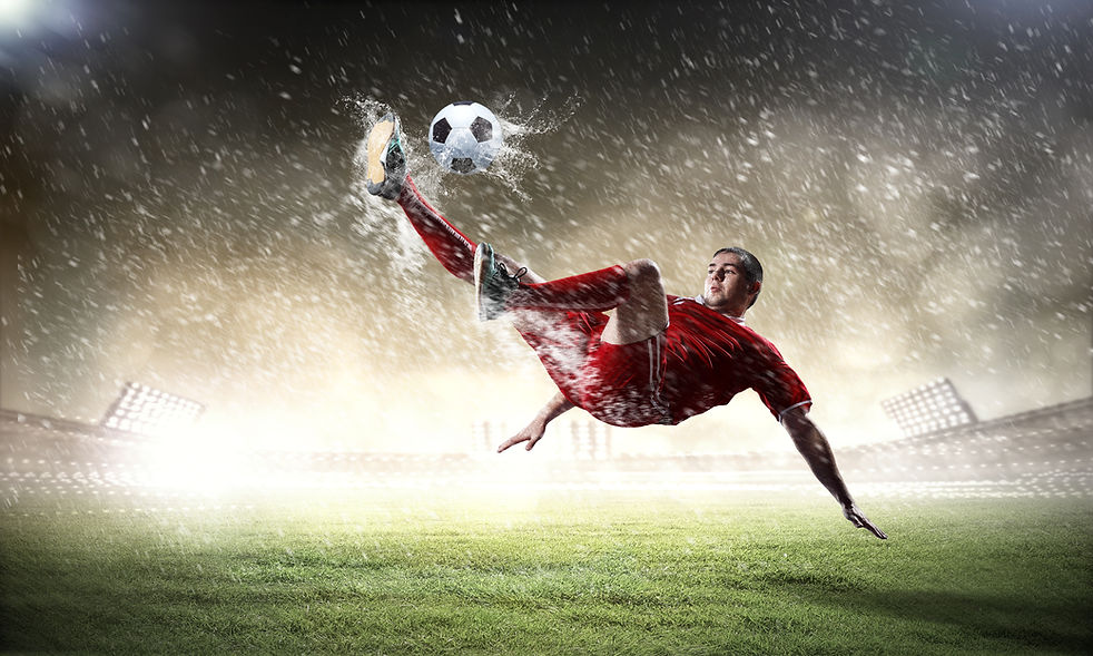 football player in red shirt striking th
