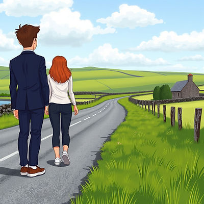 a young man seen from behind wearing a navy suit and dress shoes looking longing after a y