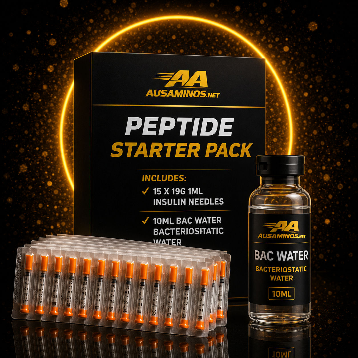 Peptide Starter Pack – 15× 29G 1ML Insulin Syringes + 10ML BAC Water | Aus Amino