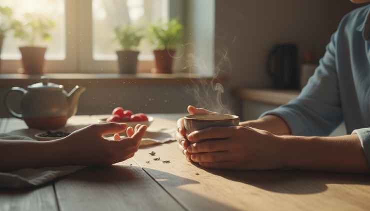 Close-up view of two hands holding a cup of tea at a kitchen table.
