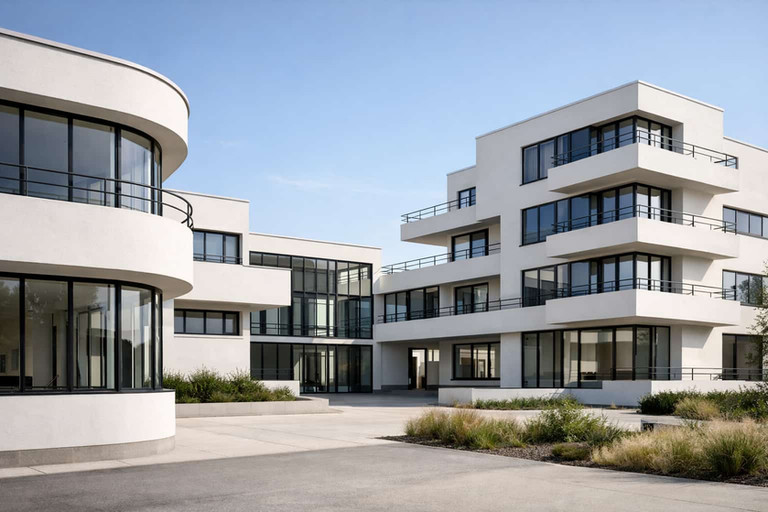 White modernist apartment complex with curved facade, ribbon balconies and black-framed glass walls