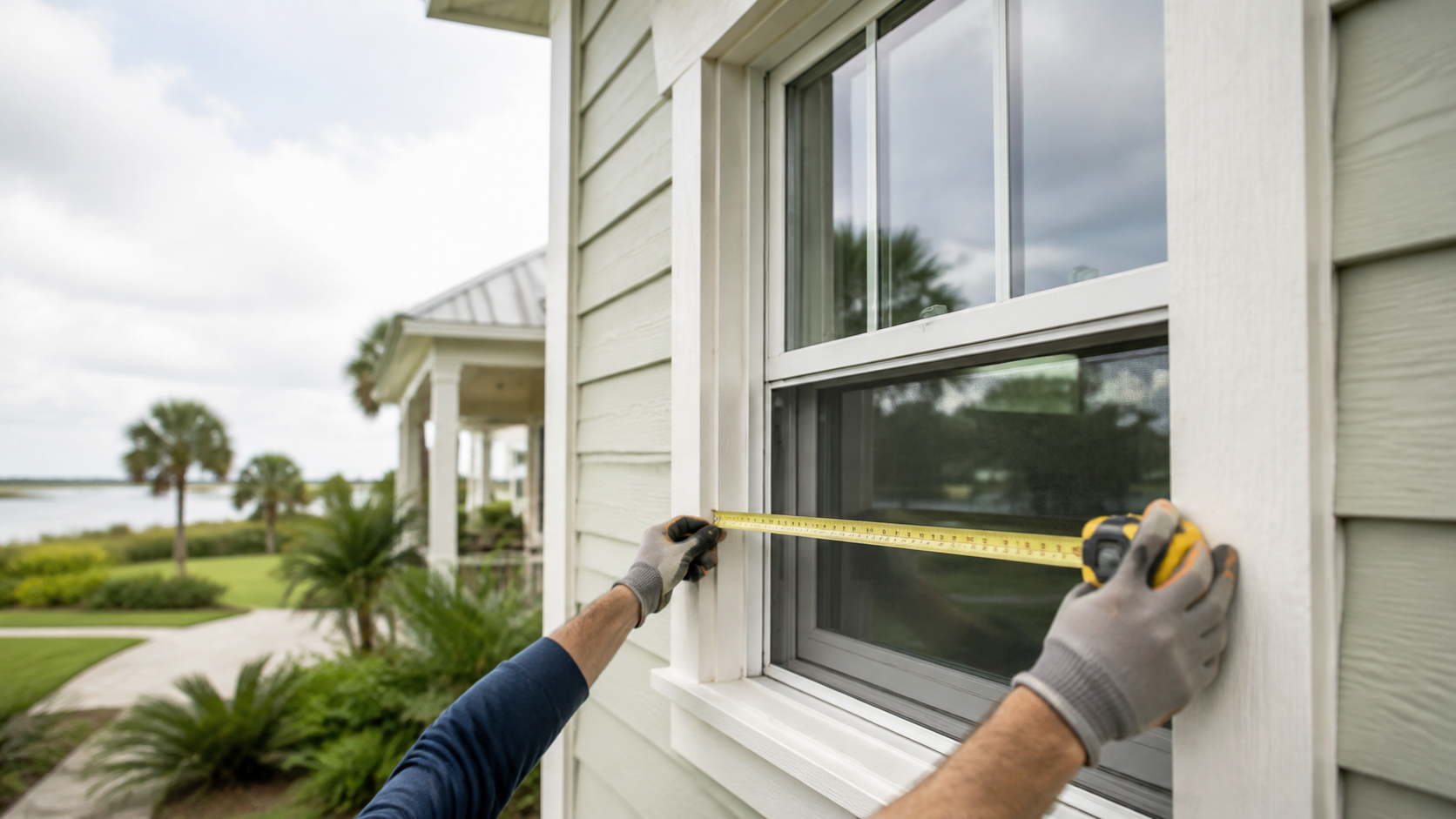 Gloved hands measuring a residential window opening at a Houma-area home