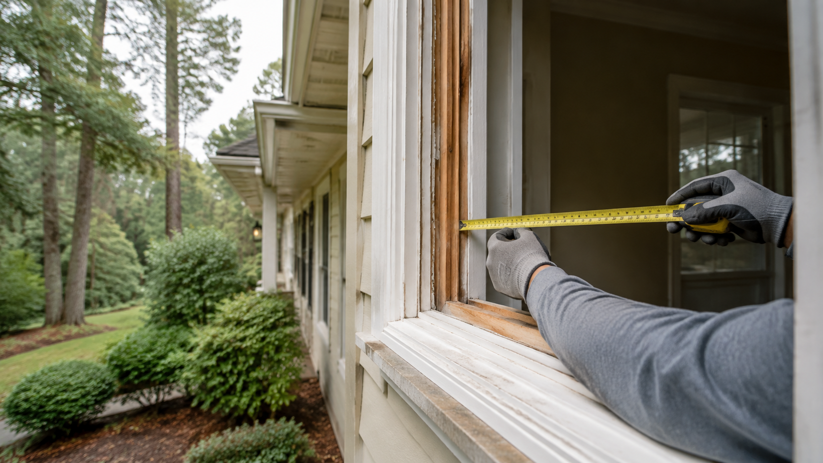 Gloved hands measuring a residential window opening at a Covington-area home