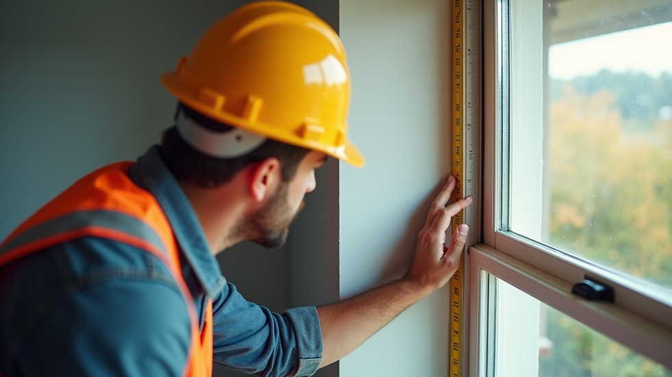 High angle view of a contractor measuring a window frame for replacement