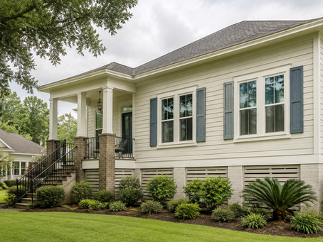 Raised Southern Louisiana home exterior with multiple white replacement windows