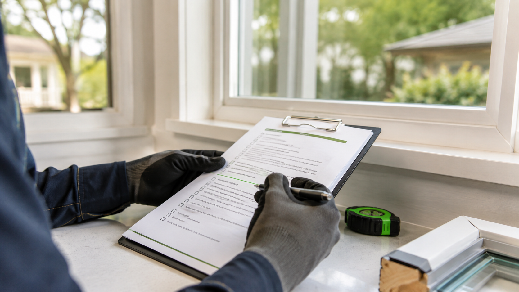 Gloved installer reviewing a window and door warranty checklist beside a residential window