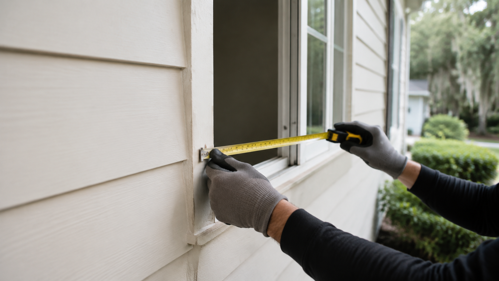 Gloved hands measuring a residential window opening at a Mandeville-area home
