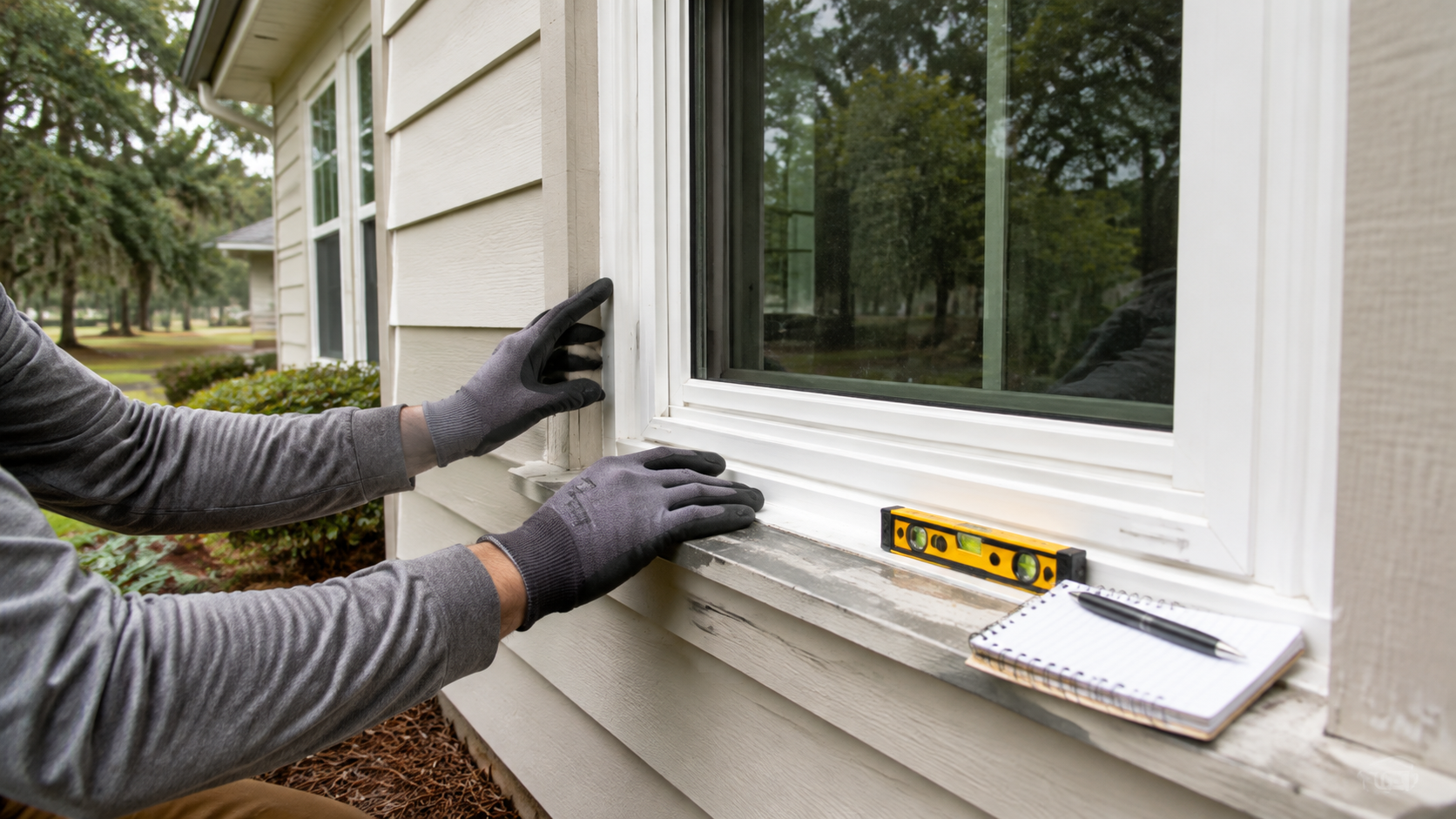 Gloved hands inspecting a residential window opening at a Slidell-area home