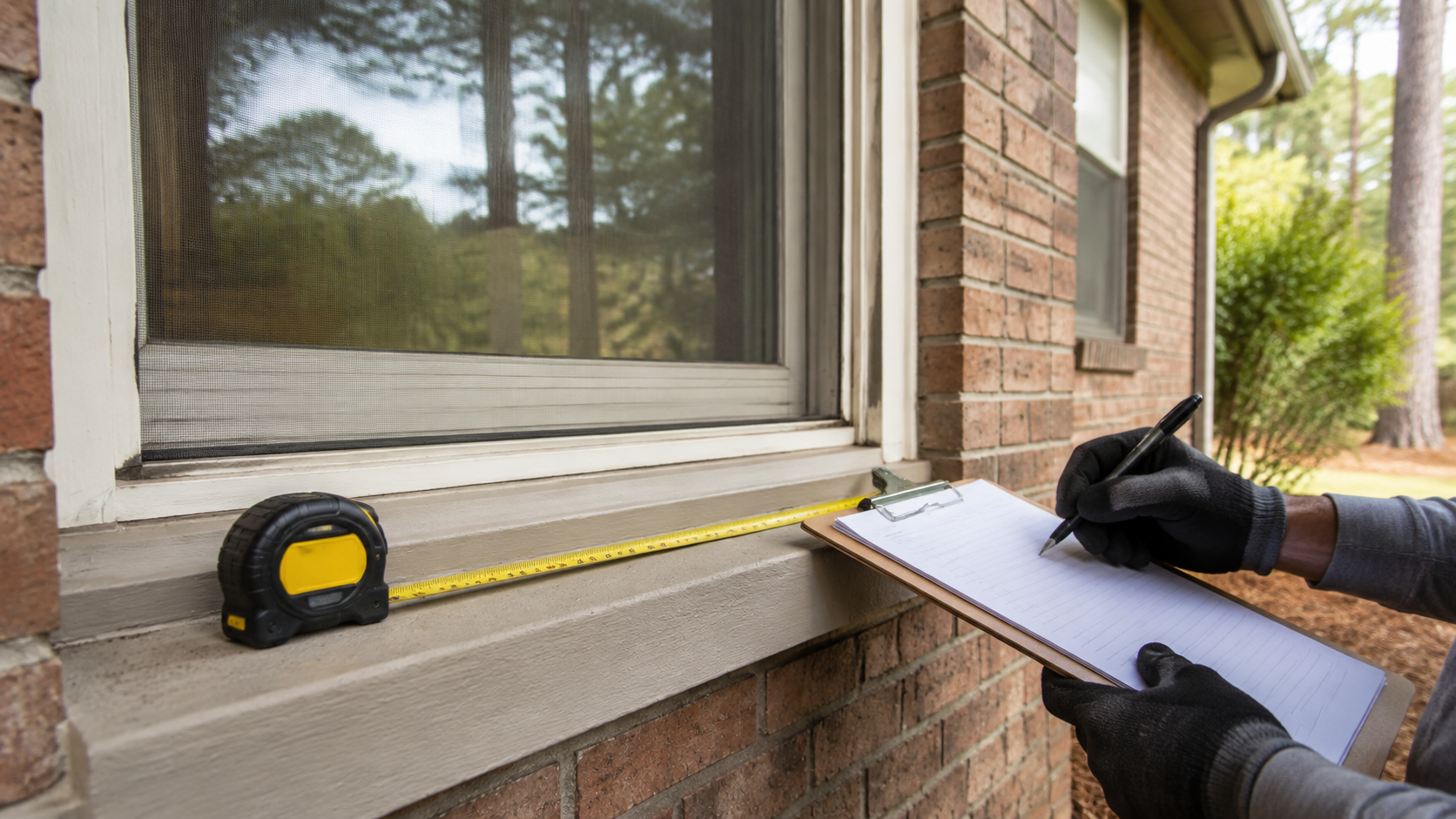 Gloved hands documenting a residential window opening at a Hammond-area home