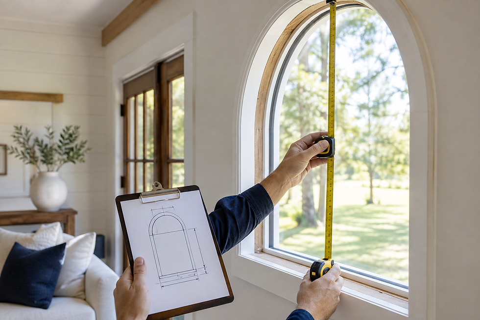 Technician measuring a custom arched window opening with an unlabeled measurement sketch