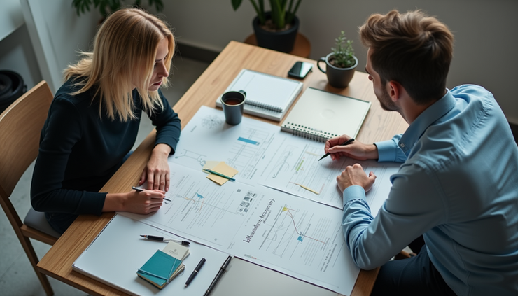 High angle view of a manager and employee discussing development plans