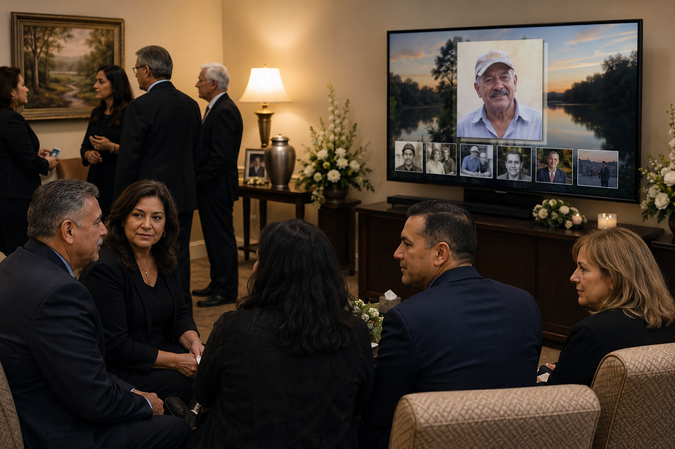 A memorial slideshow video playing at a visitation, with family photos displayed on a screen in a softly lit room