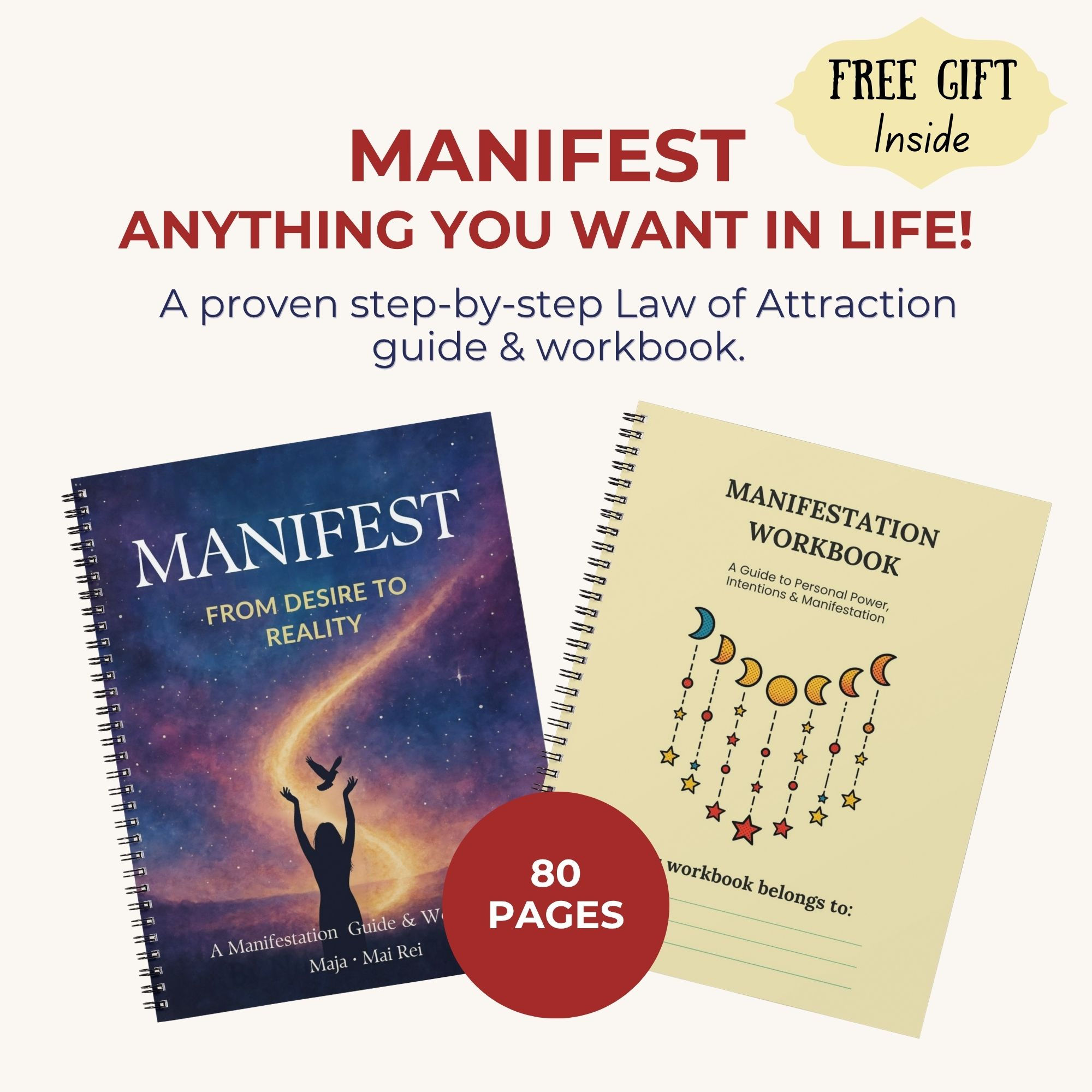 Manifestation workbook and guide printable PDF bundle with 80 pages and 24 affirmation cards
