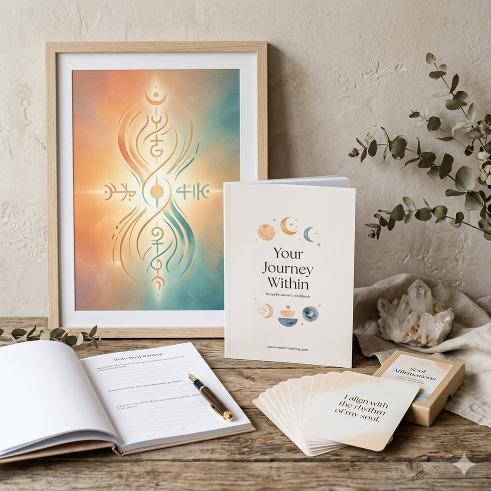 Bespoke somatic healing toolkit with custom workbook and reiki art by Mai Rei