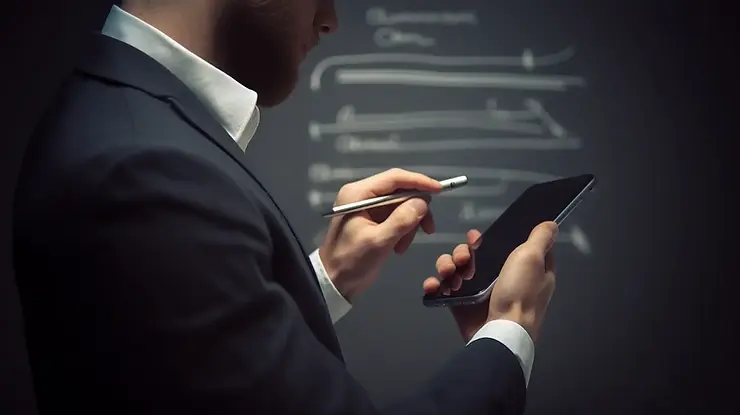 Homem mexendo em celular com caneta digital