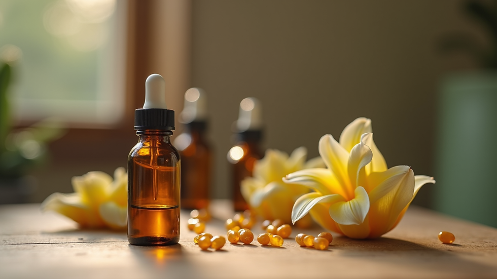 Close-up view of natural homeopathic remedies in small bottles on a wooden table