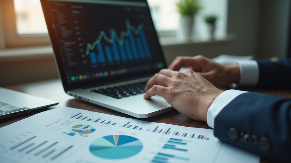 High angle view of a professional consultant working on a laptop with financial charts