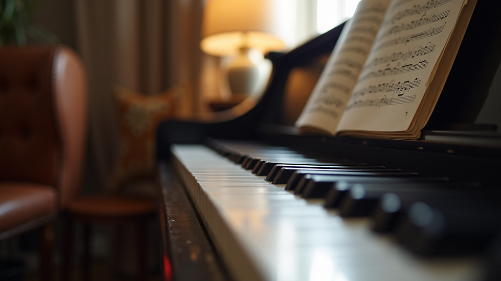 Close-up view of a piano keyboard with sheet music