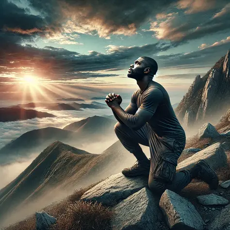 A hyper-realistic illustration of a Black man kneeling in prayer on a mountain, looking toward the sky for God’s strength and guidance.