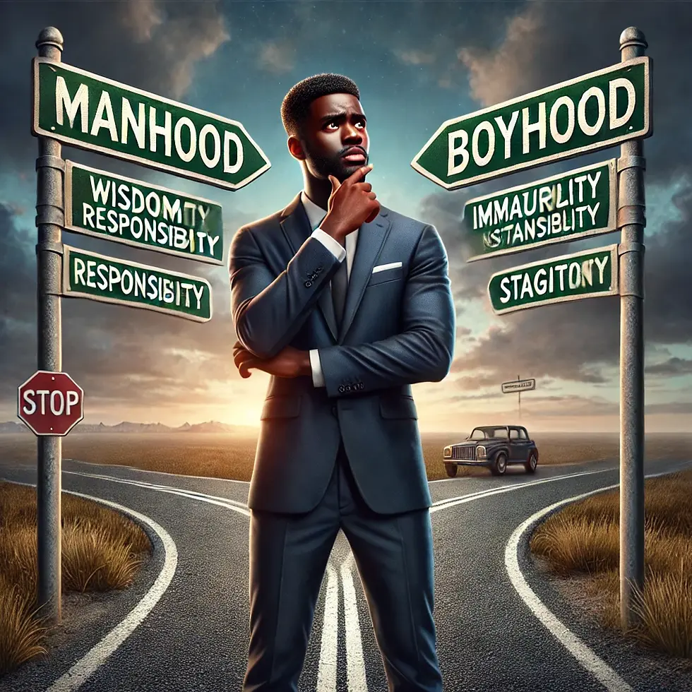 A hyper-realistic digital illustration of a Black man standing at a crossroads, symbolizing the life-changing decision to step into true manhood. One sign clearly points to 'Manhood', representing responsibility, faith, and wisdom, while the other directs toward 'Boyhood', symbolizing immaturity and stagnation. The man, dressed in a sharp suit, stands thoughtfully, contemplating his path under a dramatic sky that highlights the significance of his choice.