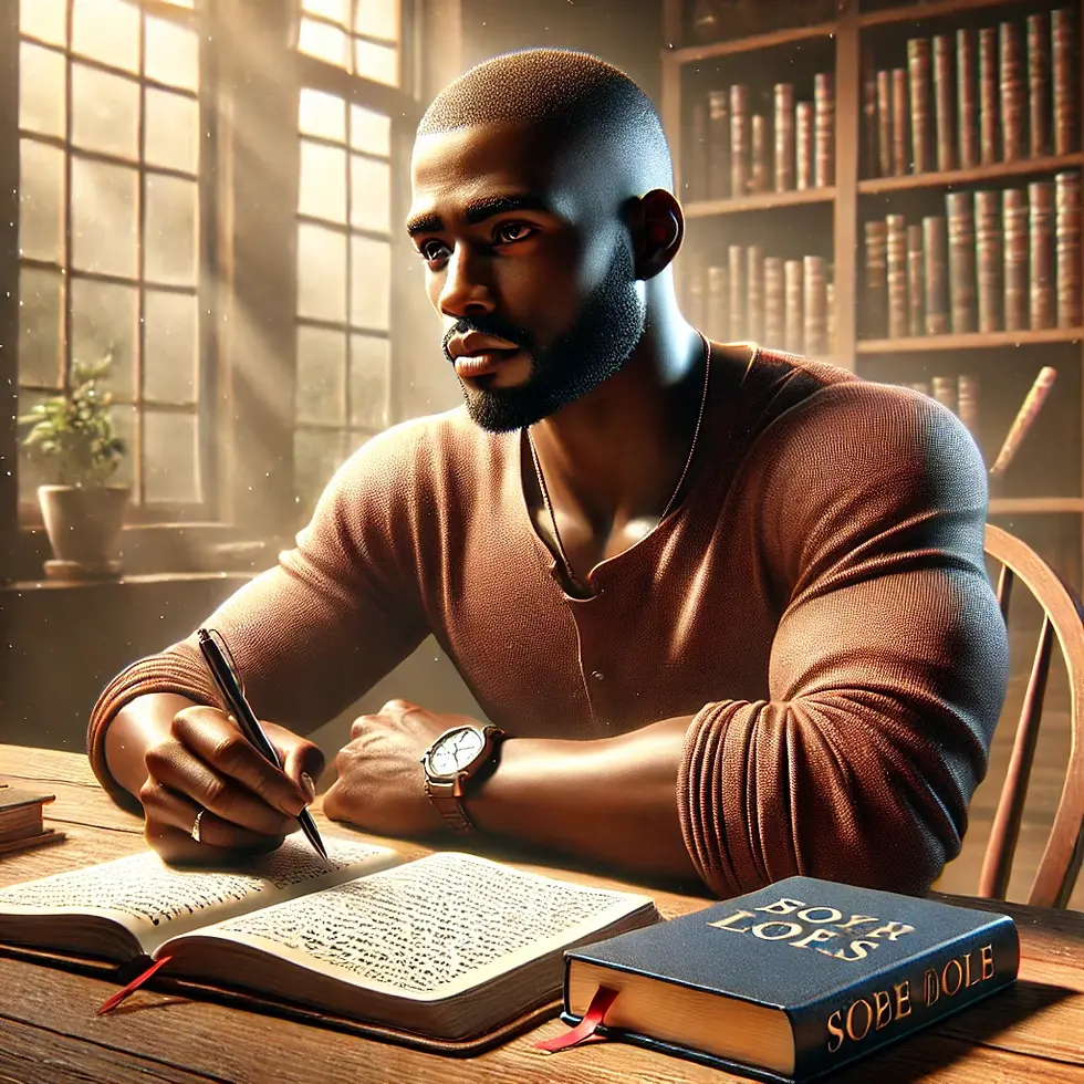 A hyper-realistic digital illustration of a Black man sitting at a desk, journaling his goals with an open Bible beside him, symbolizing disciplined faith, personal growth, and perseverance in a warm, inspiring setting.